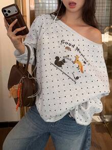 DAZY Women's Autumn/Winter Asymmetrical Shoulder Polka Dot Print Casual Sweatshirt - Light Grey - View 6
