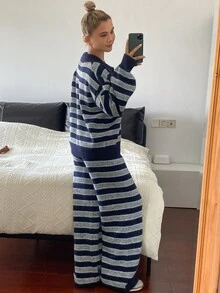 DAZY Women's Drop Shoulder Long Sleeve Sweater And Pants Striped Casual Two Pieces Set - Royal Blue - View 3