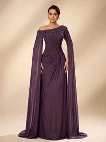 Serin Elegant Luxurious Beaded Sequin Lace Patchwork Elastic Knit Mesh Patchwork Chiffon Sleeve Ruched Mermaid Skirt Suitable For Wedding Events, Bachelorette Party, Vacation, Ball, Evening Dress (Heavy Workmanship Style) - Purple - View 4