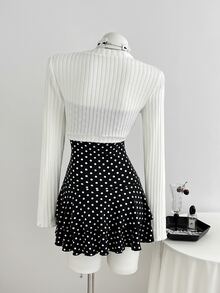 Elamini Women's Sweet Polka Dot Pattern Lace Trim Bandeau Short Dress With Fur Ball Decor And Cardigan Set - Black and White - View 2