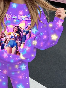 Tween女孩休閒可愛卡通女團印花 K-Pop 超級巨星亮星紮染圓領落肩衛衣與修身寬腿褲兩件套，適合秋冬 - 彩色 - 查看 5