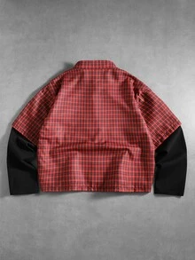 ROMWE MEN Men's Plaid Patchwork Casual Daily Wear Shirt - Burgundy - View 4