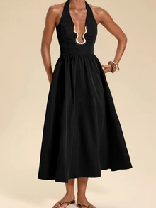 Travachic Elegant Sexy Backless Halter Neck Dress Night Out Vacation Black And Silver Summer - Black - View 3
