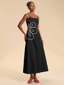 Travachic Floral Embroidered Side Tie Waist Cami Dress For Vacation - Black - View 4