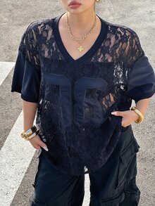 Muchica 大尺碼女款V領蕾絲拼接休閒百搭日常穿著T恤 - 藏蓝色 - 查看 6