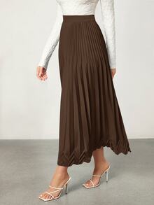 BizChic Women's Solid Color High Waist Satin Pleated Long Skirt, Workwear, Urban Commute, Minimalist Elegant Fashion Basic Style, Office Wear, Teacher Outfit, Business Casual, Old Money Style, Halloween, Back To School, Church, Special Occasion, Birthday, Wedding Guest, Party, Date, Vacation, French Vintage - Brown - View 6