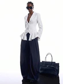 LYSMO Women's Striped Lapel NeckLong Sleeve Ruffle Hem Fashion Blazer - White - View 4