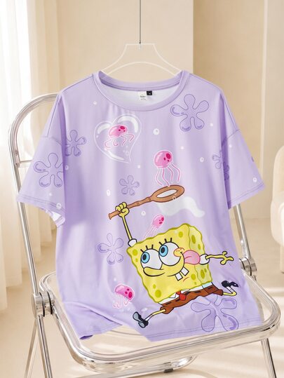 SpongeBob SquarePants | SHEIN Plus Size Cartoon Graphic Print Crew Neck Casual T-Shirt