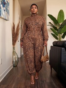 Slaydiva Jumpsuit Wanita Ukuran Besar Model Baru Musim Gugur/Dingin Lengan Panjang Longgar dengan Bagian Depan Setengah Terbuka, Pinggang Elastis, dan Potongan Kaki Meruncing, Motif Leopard - A - Coklat - View 7