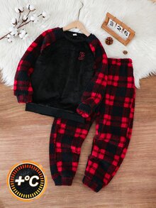 SHEIN Kids Tween Boy Colorblock Patchwork Letter Embroidered Plush Fabric Loungewear 2 Pieces Set Autumn Winter - Red - View 1