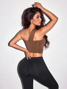 Sirith Solid Color One Shoulder Hollow Out Cropped Sports Tank Top - Coffee Brown - View 2