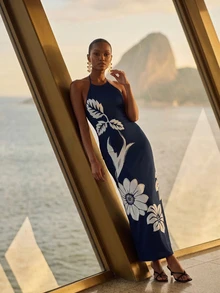 CAJUNI Chic Vacation Golden Flower Embroidery Navy Blue Jersey Knit Long Dress - Navy Blue - View 4