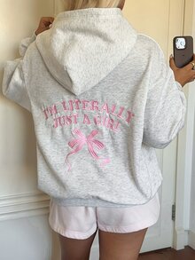 CovetEZ 女款刺繡標語長袖休閒寬鬆衛衣 - 灰色 - 查看 2