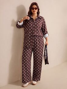 Elaquor 大尺碼女款休閒極簡基本條紋兩件套，寬鬆版型 - 咖啡棕 - 查看 5