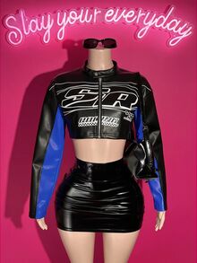 Slaydiva Women's Motorcycle Letter Print Zipper Cropped Jacket - Multicolor - View 6