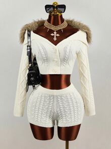 Mistrie Autumn/Winter Cozy Brown Coffee Fluffy Knit Set, Argyle Cable Knit Fitted Cropped Top & Tight Knit Shorts 2 Pieces Set - Beige - View 2