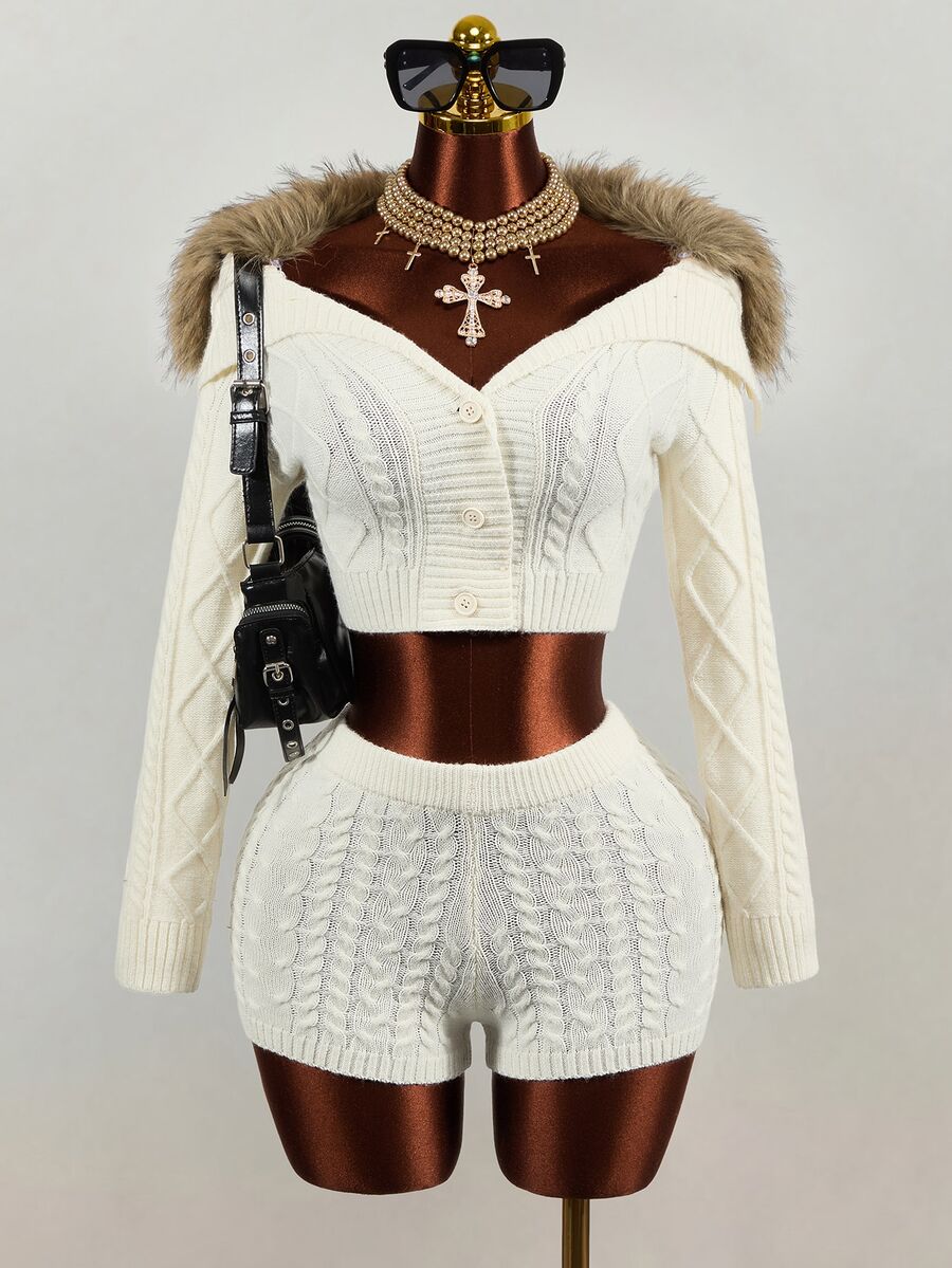 Mistrie Autumn/Winter Cozy Brown Coffee Fluffy Knit Set, Argyle Cable Knit Fitted Cropped Top & Tight Knit Shorts 2 Pieces Set