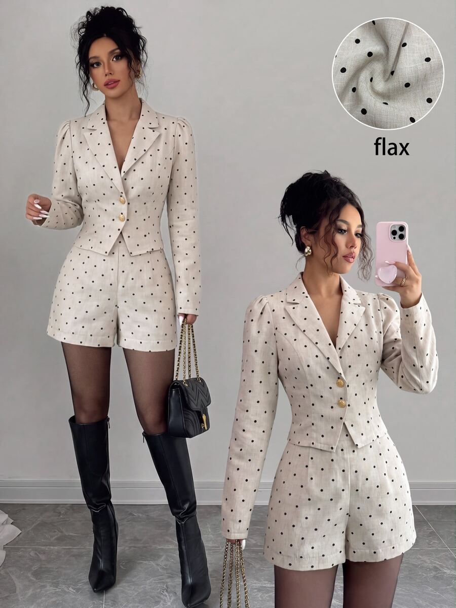 SHEIN Elenzya Women's Polka Dot Print Button Jacket And Shorts Suit Set - Apricot - View 1