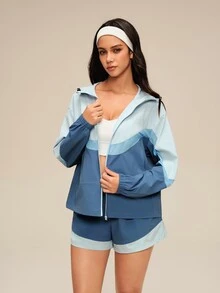 OutZeal Women Sports Jacket Gym Workout Water-Resistant Mesh Panel Ruffled Hem Hooded Jacket - Blue - View 8