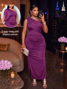 SOLERSUN Plus Size Asymmetrical Shoulder Draped Cape Sleeve Fitted Long Dress With Side Ruched High Slit Middle Eastern Evening Party Elegant Purple - Purple - View 3