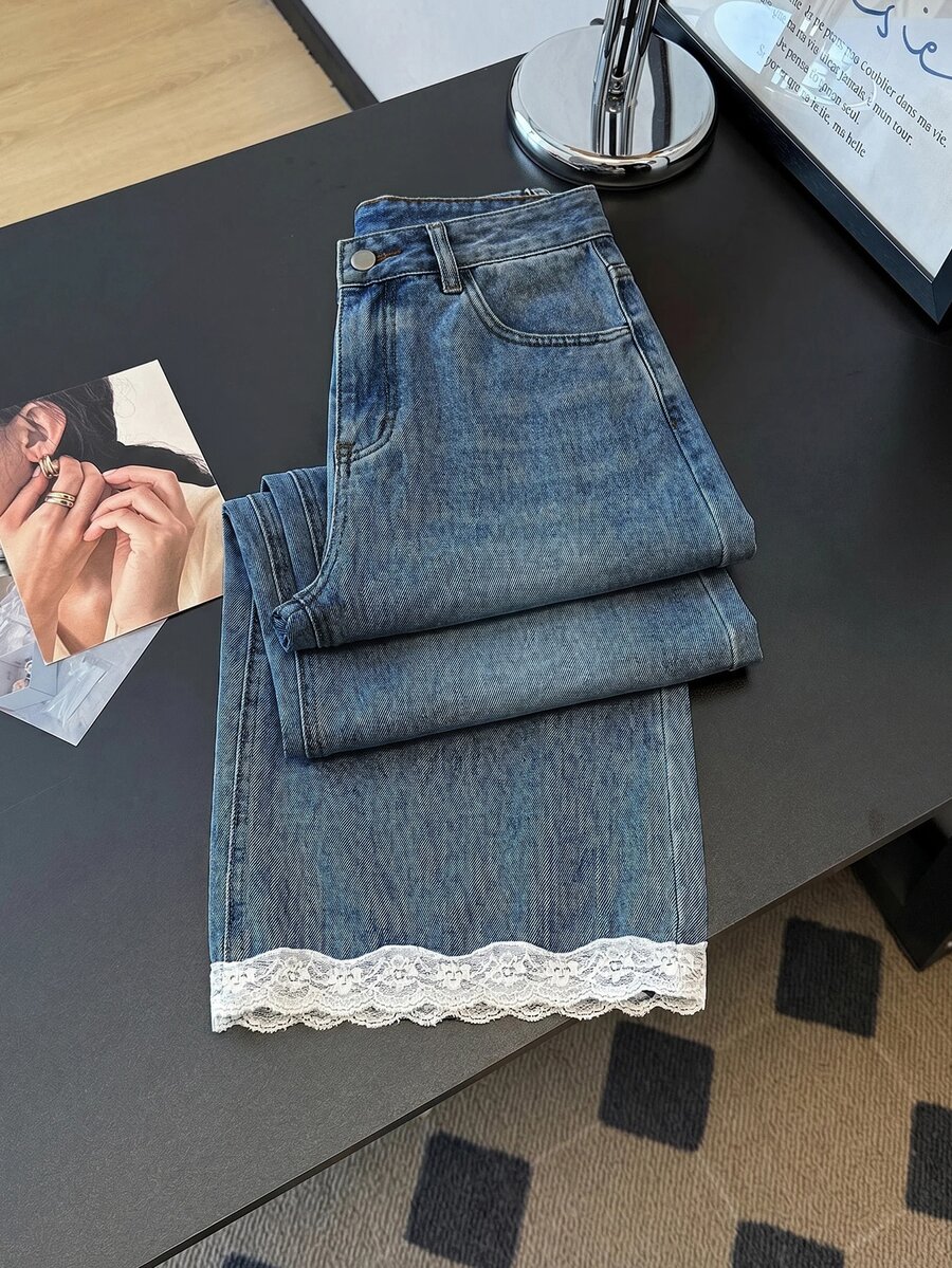 EMERY ROSE EMERY ROSE Women's Contrast Lace Straight Leg Loose Casual Denim Jeans - Medium Wash - View 1