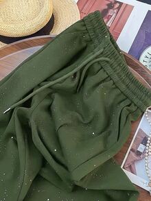 Franclia 星空銀色彈性腰休閒直筒寬腿褲 - 軍綠色 - 查看 5