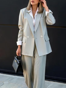 SHEIN New Minimalist Elegant Daily Commute Notch Lapel Double-Breasted Women's Casual Blazer Jacket - Grey - View 2