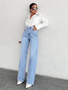 SHEIN Cottnline Plus High Waist Casual Style Light Blue Wash Regular Fit Buton Front Straight Jean Formal Club Summer - Light Wash - View 6