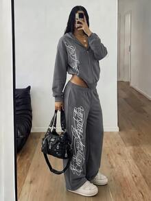 StreetHx Setelan 2 Potong Wanita: Hoodie Sweatshirt Oversized Motif Huruf Musim Gugur dan Celana Jogging Kasual Motif Huruf - Grey - View 2