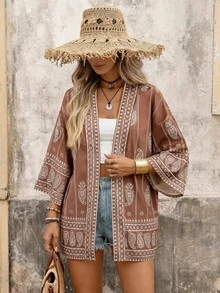 Brillora 女款夏季時尚休閒波西米亞優雅花卉舒適印花布料和服式罩衫，音樂節穿搭，度假海灘棕色套裝 - 摩卡棕 - 查看 4