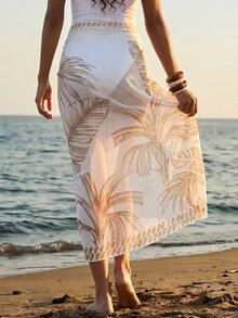 CAJUNI Women's Tropical Plant Print Side Knot Cover-Up Skirt - Cream - View 2