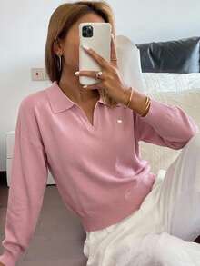 Livesso 女款純色修身針織 Polo 領休閒通勤上衣，春夏款 - 粉色 - 查看 5
