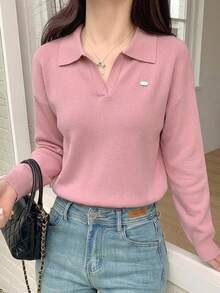 Livesso 女款純色修身針織 Polo 領休閒通勤上衣，春夏款 - 粉色 - 查看 8