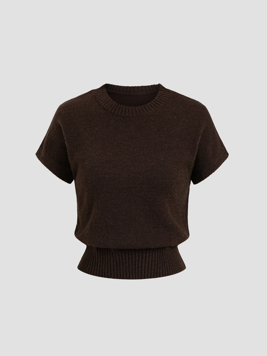 Dulcita Vintage Brown Drop Shoulder Flutter Sleeve Cinched Waist Knit Top - Coffee Brown - View 1