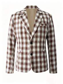 Manfinity Mode Men's Casual Commute Plaid Jacket And Pants Suit Set - Coffee Brown - View 1