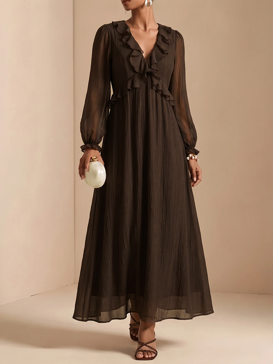 SHEIN Veneréa Gaun Panjang Wanita dengan Lengan Lentera Berkerut dan Leher V - Chocolate Brown - View 1