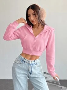 SHEIN PETITE 女款甜美短版拉鍊連帽衛衣，附口袋與長袖 - 淺粉色 - 查看 1