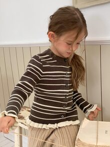 Hapijoa Young Girls' Striped Color Block Frill Trim Basic Short Cardigan Sweater, Autumn/Winter - Brown - View 6