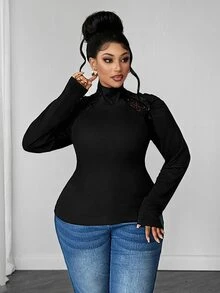 Maweii Plus Size Minimalist Sexy Style Semi-High Neck Lace Patchwork Long Sleeve T-Shirt, Ruched Puff Shoulder, Elastic Ribbed Slim Fit Base Layer Top - Black - View 3