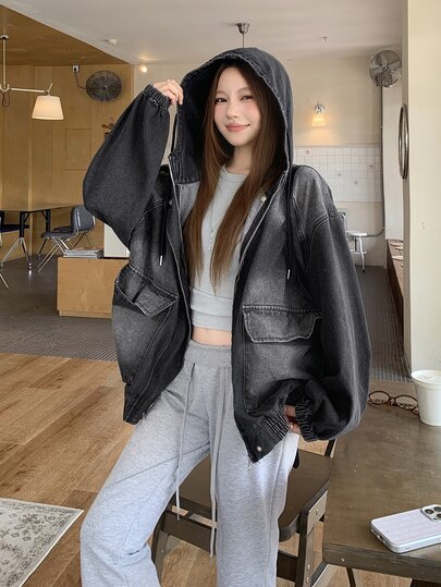 DAZY Women's Hooded Washed Korean Style Loose Girly Streetwear Jacket And Coat