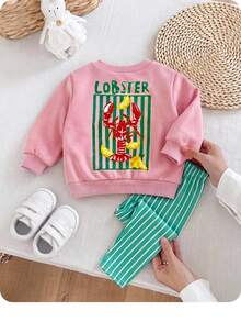 SHEIN Conjunto de sudadera con estampado de dibujos animados & pantalones a rayas para bebé niña - Rosa - Ver 1