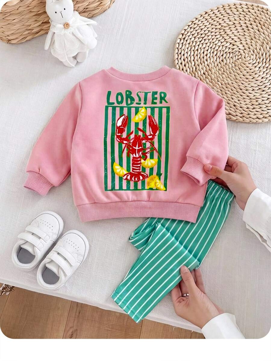SHEIN Baby Girl Cartoon Pattern Sweatshirt & Striped Pants Set - Pink - View 1