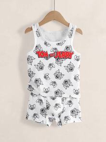 TOM & JERRY X SHEIN Young Boy Cartoon Print Tank Top And Shorts Underwear Set - White - View 3