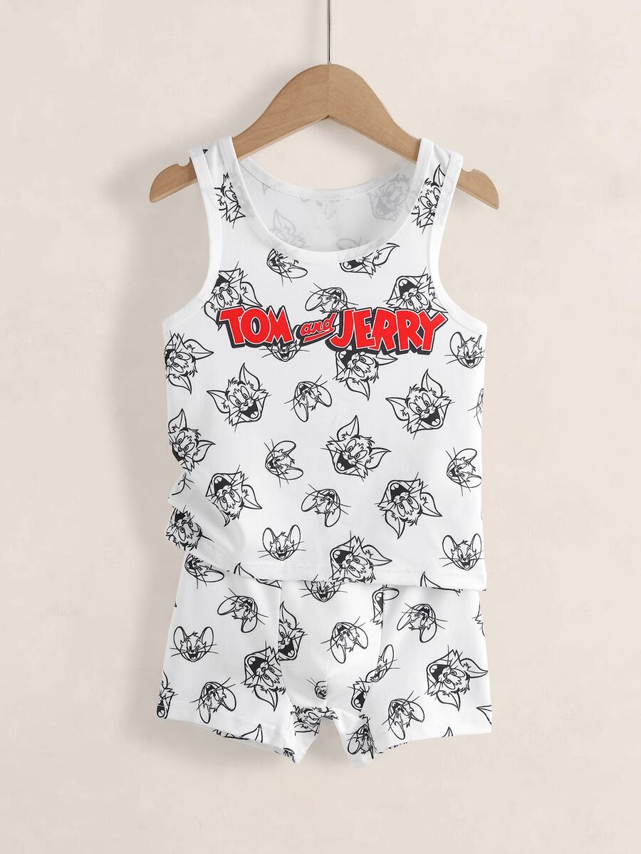 TOM & JERRY X SHEIN Young Boy Cartoon Print Tank Top And Shorts Underwear Set - White - View 1
