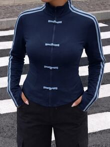 Muchica Navy Blue Casual Women's Plus Size Jacket With Frog Button Design And Zipper Front Fall - Navy Blue - View 6