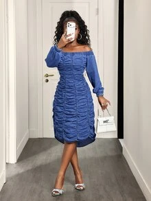Slaydiva Slimming Elegant Casual Women's Denim Dress - Blue - View 6