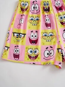 SpongeBob SquarePants | SHEIN Plus Size Women's Cartoon Print Short Sleeve Top And Shorts Casual Daily Home Sleepwear Set - Baby Pink - View 7