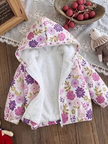 SHEIN 女嬰秋冬可愛粉色愛心圖案燈芯絨連帽保暖內裡夾克 - 彩色 - 查看 6