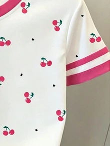 Spring And Summer Tween Girl Casual Cute Cherry Pattern, Red And White Contrast Graphic Print, Basic Short T-Shirt, Comfortable And Cozy Styles For Spring And Summer - Multicolor - View 4