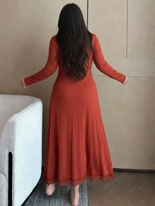 Dazy Plus 大尺碼女款優雅對比蕾絲性感居家中長款睡裙 - 橘色 - 查看 2